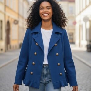 Prevett Royal Blue Peacoat w ruffle hem Size Large Wool Warm ANTHROPOLOGIE